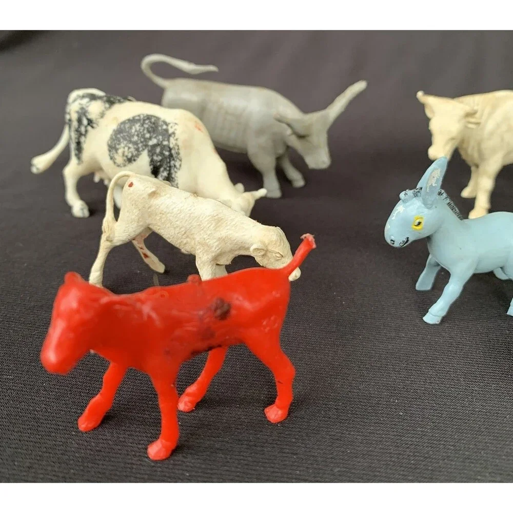 12 Vintage Plastic Farm Animals Cows Bulls Sheep Donkeys Hong Kong  Unmarked